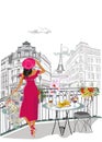 Woman in red hat is in Paris. Hand drawn vector illustration. Royalty Free Stock Photo